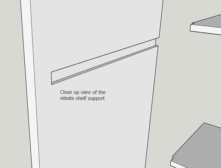 Close up vew of the shelf support detail showing how the shelf sits in the groove cut by the wood router. Shelf support detail